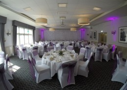 new place ceiling drapes chair covers in cadburys purple twinkle backdrop uplighters