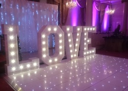 queens hotel 5ft love letters and white led dancefloor with purple uplighters