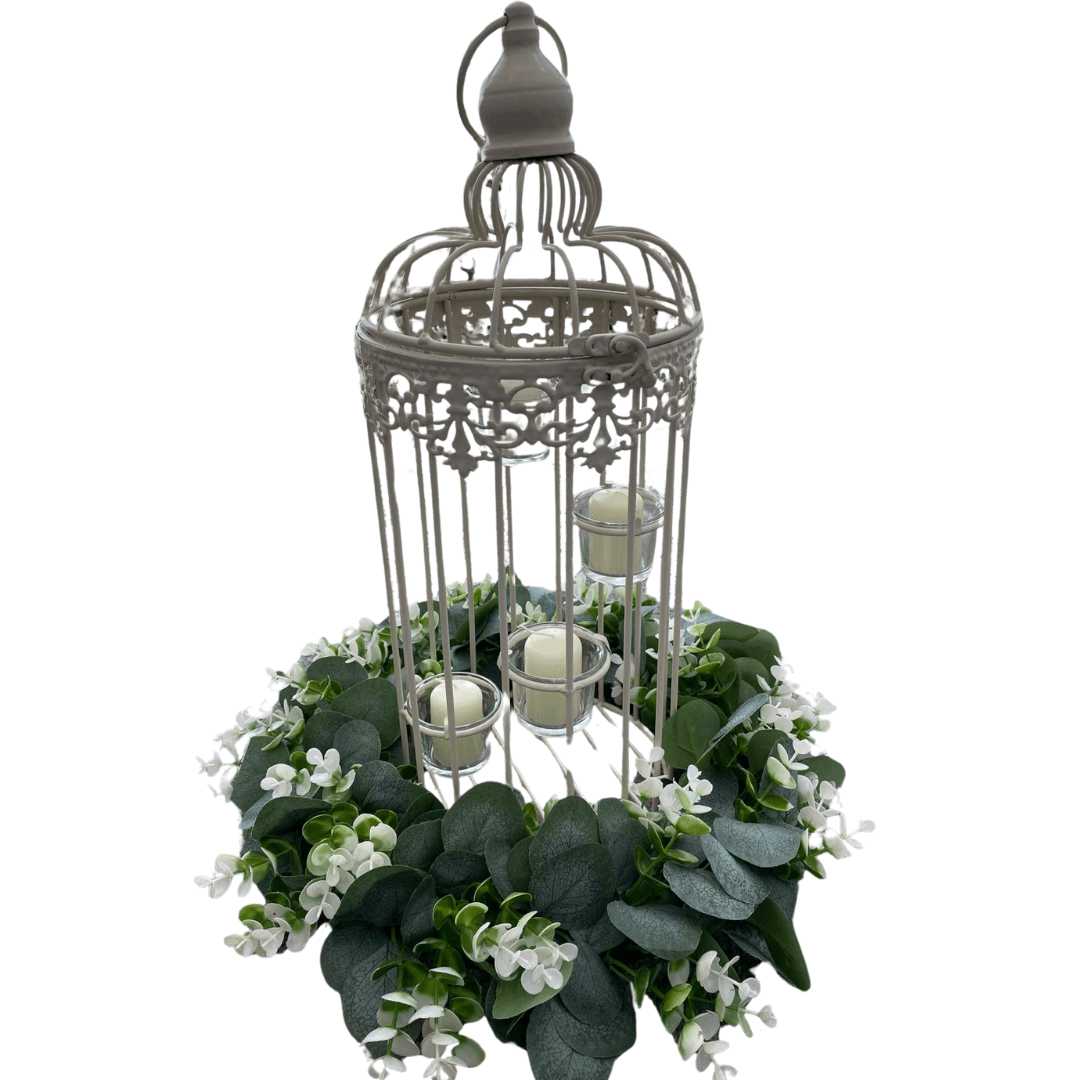 Bird Cage with Candle and Artificial Eucalyptus Wreath