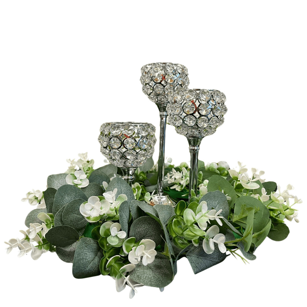 Trio of  Silver Crystal Votive Candlestick Holders with Artificial Greenery