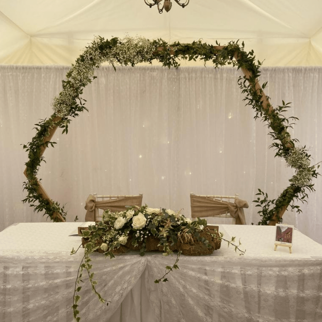 Wooden Hex Arch with Fresh Greenery (additional charge) or Artificial Greenery
